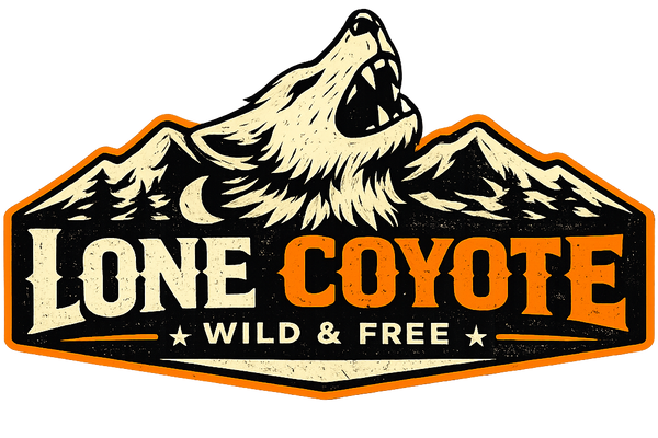 Lone Coyote logo with a howling coyote and mountainous background on a white background